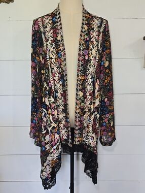 Sundance Garden Serenity Embroidered Kimono Cardigan Wrap Black Boho M/L
